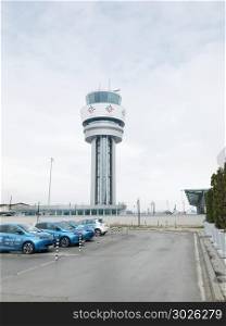 Sofia, Bulgaria - March 25, 2018: Airport control tower at Sofia Airport.