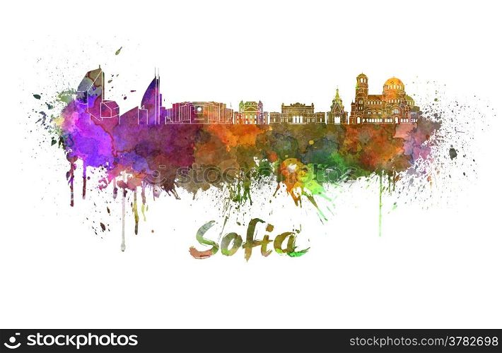 Sofia skyline in watercolor splatters with clipping path. Sofia skyline in watercolor