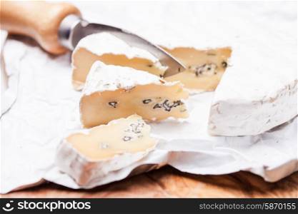 Soft cheese containing veins of blue mold and a firm white skin. Two types of mold in cheese duet. Cheese with two mold