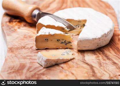Soft cheese containing veins of blue mold and a firm white skin. Two types of mold in cheese duet. Cheese with two mold