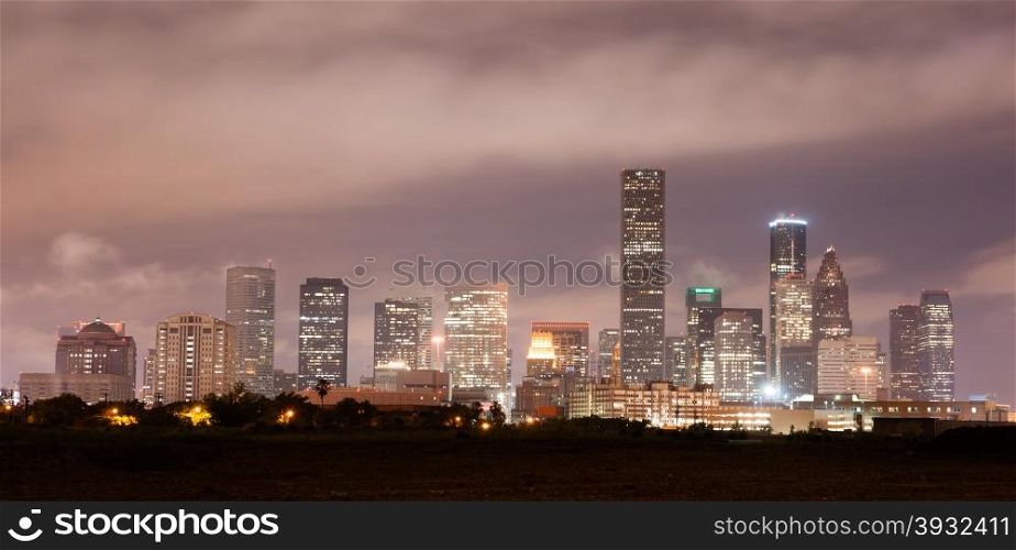 Soft clouds over perfect Houston downtown city skyline