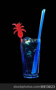 soft drink on a black background. Blue drink with ice on a black background