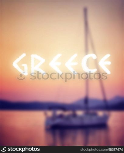 Soft focus of luxury sailboat floating in the sea in purple and pink sunset light, text space, romantic summer vacation in Greece