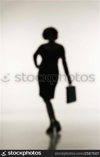 Soft focus silhouette of businesswoman holding briefcase.