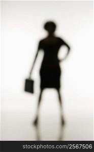 Soft focus silhouette of businesswoman standing with hand on hip holding briefcase.