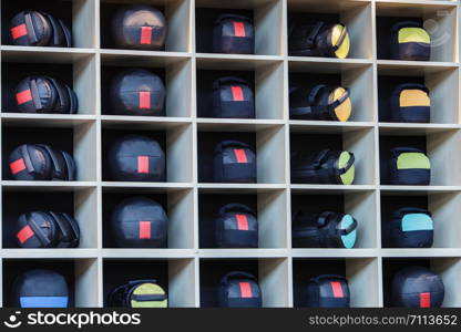 Soft Kettlebells and Medicine Balls for Fitness individually Arranged in their Cubicle.. Soft Kettlebells and Medicine Balls for Fitness individually Arranged in their Cubicle