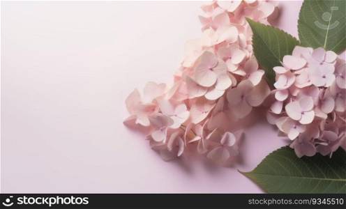 Soft pink hydrangeas and green leaves on similar hued background with copy space. Created using AI Generated technology and image editing software.