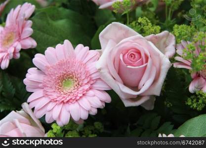 Soft pink roses and gerbera in a flower arrangement