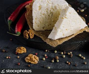 soft sheep cheese on black wooden tray