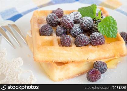 Soft sweet waffles with berries black raspberries and honey