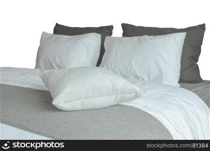 soft white pillows and comfortable bed on white background with clipping path