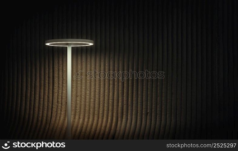 Softly shining desk lamp design placed against a dark background. Table lamp decor for bedroom, Copy space, Selective focus.
