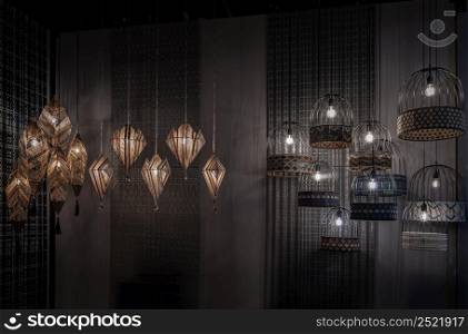 Softly shining hanging many lamps decor design for home on dark background. Copy space, Selective focus.
