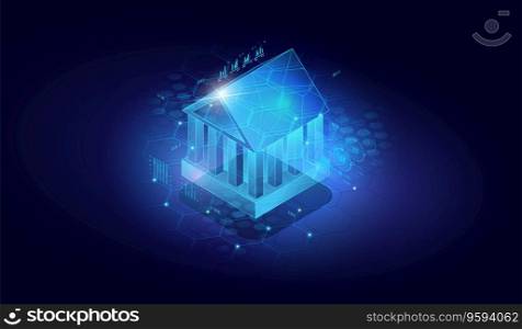 Software and mobile application for finance services. Financial technologies. Internet online banking. Isometric image of virtual bank. Mobile bank conceptual illustration.