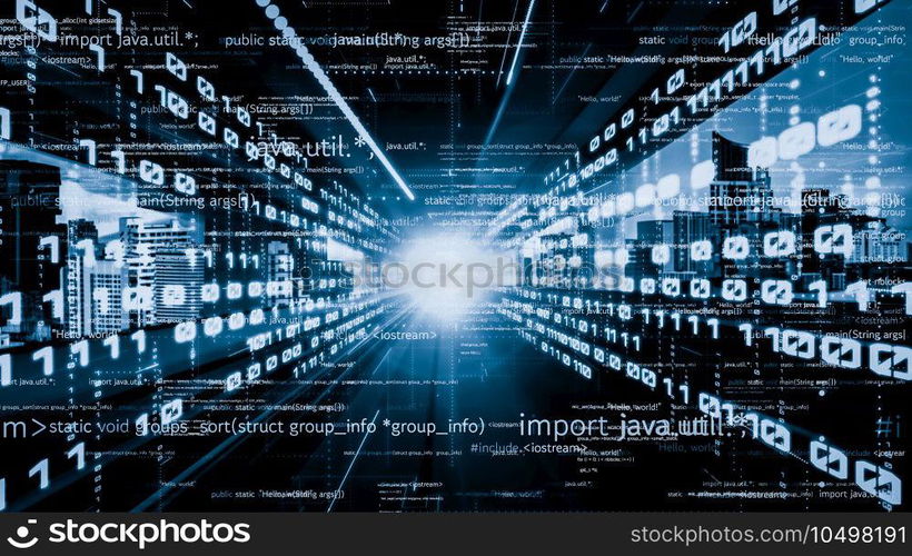 Software development, application programming code and tacit computer coding . Concept of smart digital transformation and technology disruption that changes global trends in new information era .. Software development, application programming code and tacit computer coding
