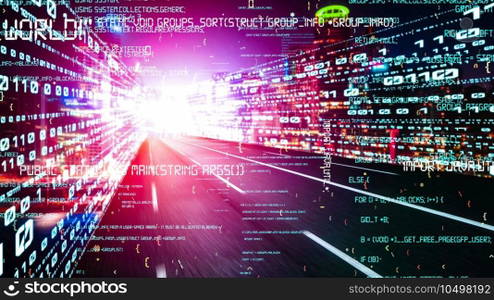 Software development, application programming code and tacit computer coding . Concept of smart digital transformation and technology disruption that changes global trends in new information era .. Software development, application programming code and tacit computer coding