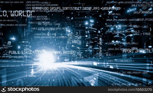 Software development, application programming code and tacit computer coding . Concept of smart digital transformation and technology disruption that changes global trends in new information era .. Software development, application programming code and tacit computer coding