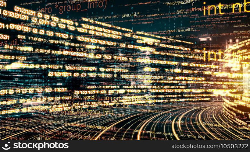 Software development, application programming code and tacit computer coding . Concept of smart digital transformation and technology disruption that changes global trends in new information era .. Software development, application programming code and tacit computer coding