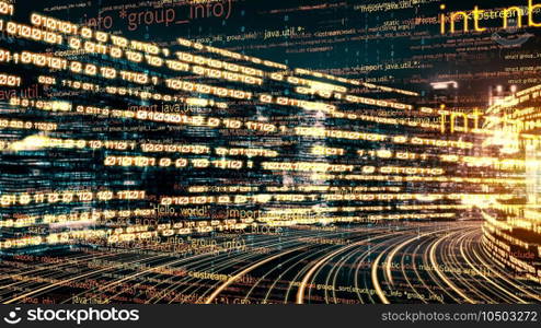 Software development, application programming code and tacit computer coding . Concept of smart digital transformation and technology disruption that changes global trends in new information era .. Software development, application programming code and tacit computer coding