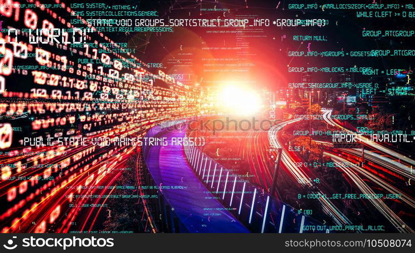 Software development, application programming code and tacit computer coding . Concept of smart digital transformation and technology disruption that changes global trends in new information era .. Software development, application programming code and tacit computer coding