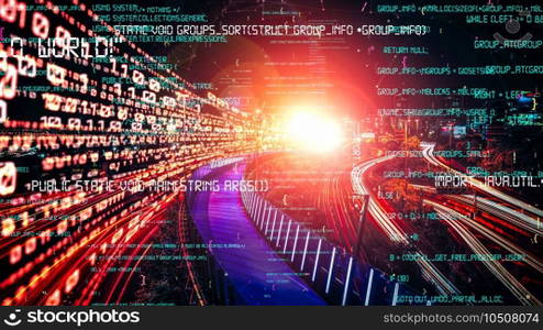 Software development, application programming code and tacit computer coding . Concept of smart digital transformation and technology disruption that changes global trends in new information era .. Software development, application programming code and tacit computer coding