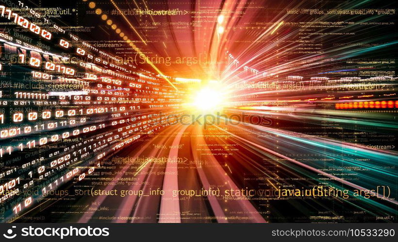 Software development, application programming code and tacit computer coding . Concept of smart digital transformation and technology disruption that changes global trends in new information era .. Software development, application programming code and tacit computer coding