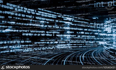 Software development, application programming code and tacit computer coding . Concept of smart digital transformation and technology disruption that changes global trends in new information era .. Software development, application programming code and tacit computer coding