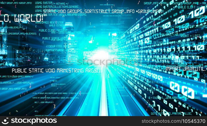 Software development, application programming code and tacit computer coding . Concept of smart digital transformation and technology disruption that changes global trends in new information era .. Software development, application programming code and tacit computer coding