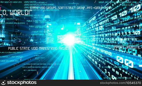 Software development, application programming code and tacit computer coding . Concept of smart digital transformation and technology disruption that changes global trends in new information era .. Software development, application programming code and tacit computer coding