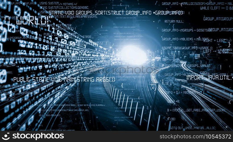 Software development, application programming code and tacit computer coding . Concept of smart digital transformation and technology disruption that changes global trends in new information era .. Software development, application programming code and tacit computer coding
