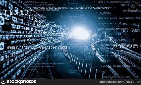 Software development, application programming code and tacit computer coding . Concept of smart digital transformation and technology disruption that changes global trends in new information era .. Software development, application programming code and tacit computer coding
