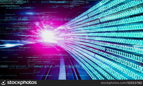 Software development, application programming code and tacit computer coding . Concept of smart digital transformation and technology disruption that changes global trends in new information era .. Software development, application programming code and tacit computer coding