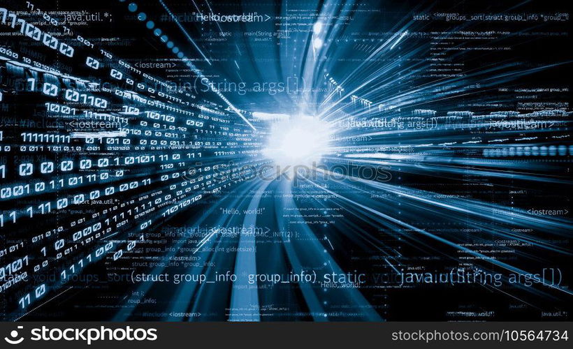 Software development, application programming code and tacit computer coding . Concept of smart digital transformation and technology disruption that changes global trends in new information era .. Software development, application programming code and tacit computer coding