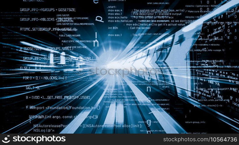 Software development, application programming code and tacit computer coding . Concept of smart digital transformation and technology disruption that changes global trends in new information era .. Software development, application programming code and tacit computer coding