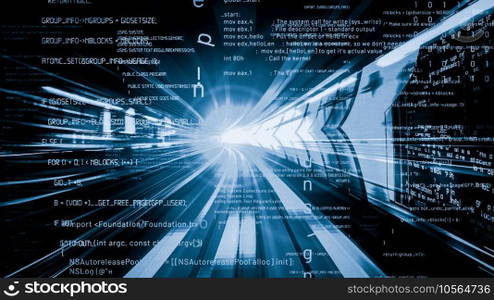 Software development, application programming code and tacit computer coding . Concept of smart digital transformation and technology disruption that changes global trends in new information era .. Software development, application programming code and tacit computer coding