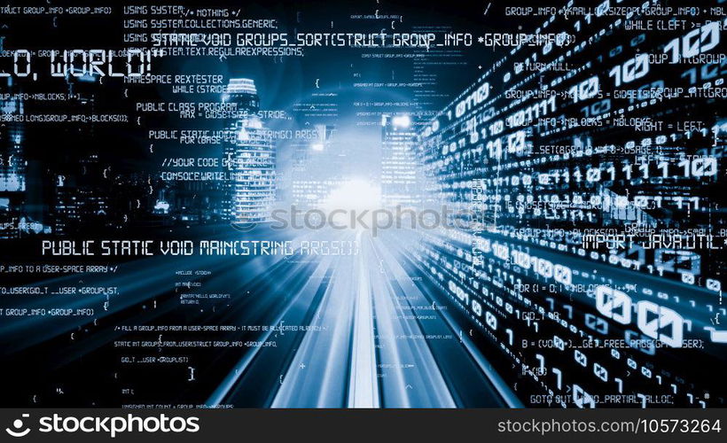 Software development, application programming code and tacit computer coding . Concept of smart digital transformation and technology disruption that changes global trends in new information era .. Software development, application programming code and tacit computer coding