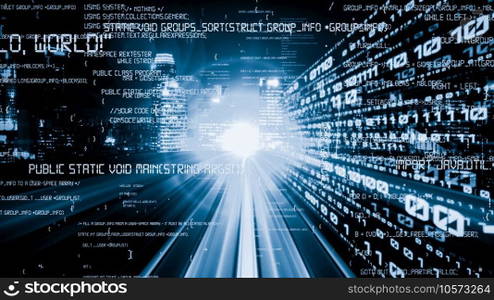 Software development, application programming code and tacit computer coding . Concept of smart digital transformation and technology disruption that changes global trends in new information era .. Software development, application programming code and tacit computer coding