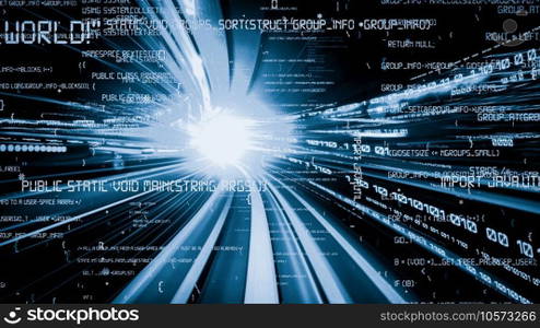 Software development, application programming code and tacit computer coding . Concept of smart digital transformation and technology disruption that changes global trends in new information era .. Software development, application programming code and tacit computer coding