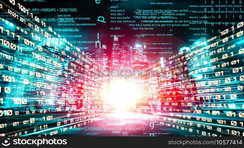 Software development, application programming code and tacit computer coding . Concept of smart digital transformation and technology disruption that changes global trends in new information era .. Software development, application programming code and tacit computer coding