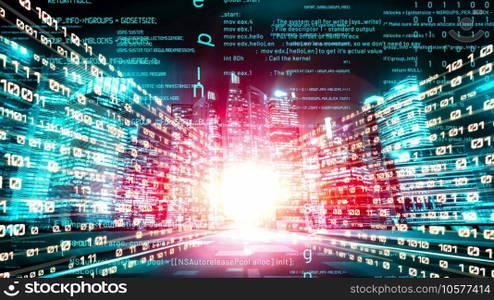 Software development, application programming code and tacit computer coding . Concept of smart digital transformation and technology disruption that changes global trends in new information era .. Software development, application programming code and tacit computer coding