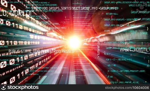 Software development, application programming code and tacit computer coding . Concept of smart digital transformation and technology disruption that changes global trends in new information era .. Software development, application programming code and tacit computer coding