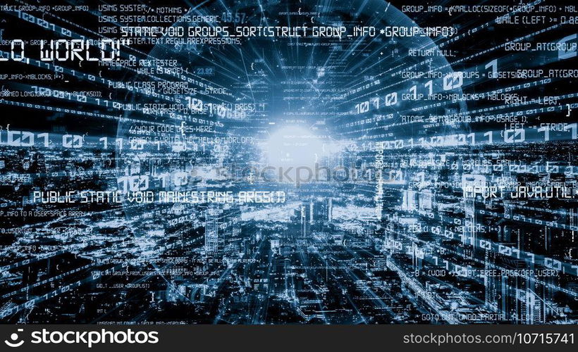 Software development, application programming code and tacit computer coding . Concept of smart digital transformation and technology disruption that changes global trends in new information era .. Software development, application programming code and tacit computer coding