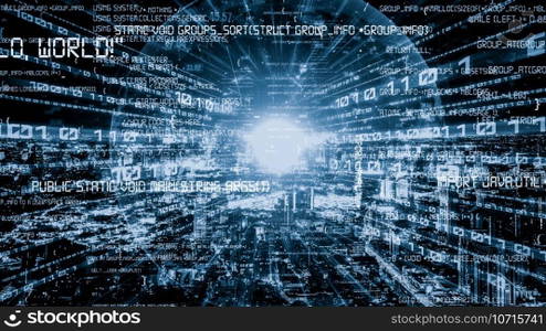 Software development, application programming code and tacit computer coding . Concept of smart digital transformation and technology disruption that changes global trends in new information era .. Software development, application programming code and tacit computer coding