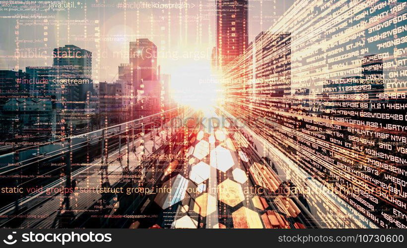 Software development, application programming code and tacit computer coding . Concept of smart digital transformation and technology disruption that changes global trends in new information era .. Software development, application programming code and tacit computer coding