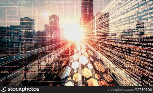 Software development, application programming code and tacit computer coding . Concept of smart digital transformation and technology disruption that changes global trends in new information era .. Software development, application programming code and tacit computer coding