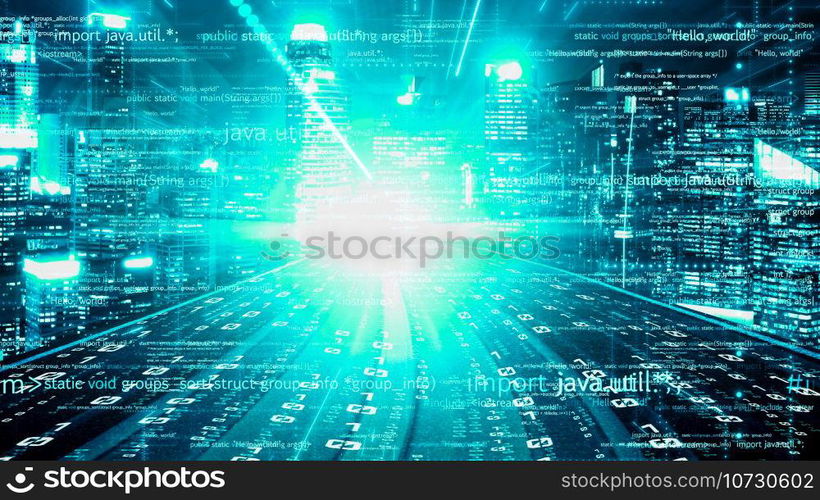 Software development, application programming code and tacit computer coding . Concept of smart digital transformation and technology disruption that changes global trends in new information era .. Software development, application programming code and tacit computer coding