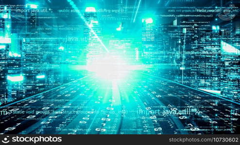 Software development, application programming code and tacit computer coding . Concept of smart digital transformation and technology disruption that changes global trends in new information era .. Software development, application programming code and tacit computer coding