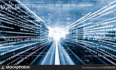 Software development, application programming code and tacit computer coding . Concept of smart digital transformation and technology disruption that changes global trends in new information era .. Software development, application programming code and tacit computer coding