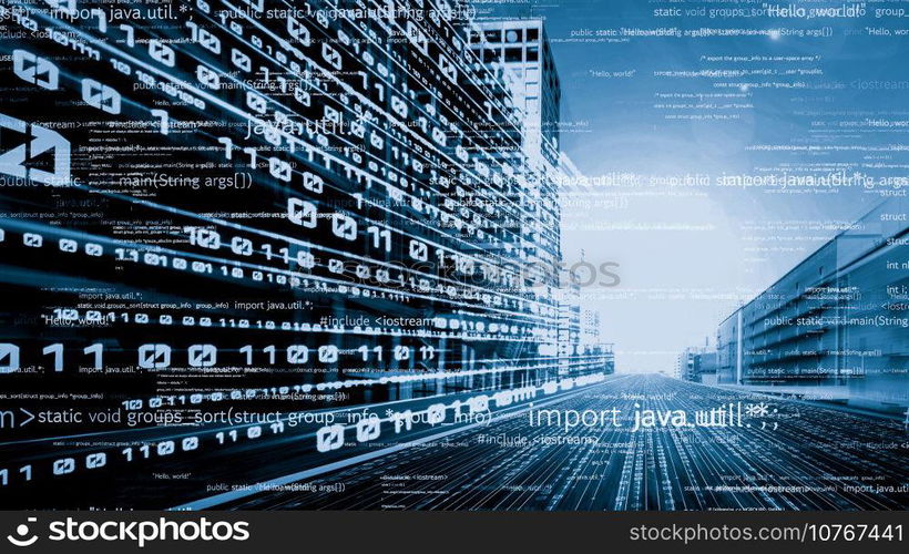 Software development, application programming code and tacit computer coding . Concept of smart digital transformation and technology disruption that changes global trends in new information era .. Software development, application programming code and tacit computer coding