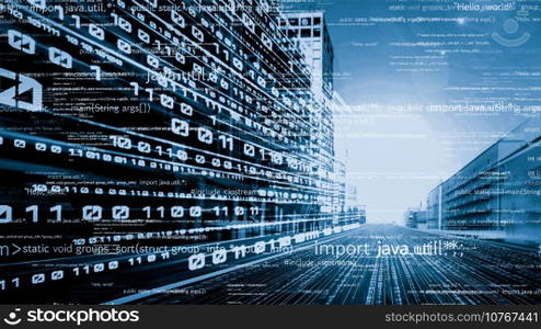 Software development, application programming code and tacit computer coding . Concept of smart digital transformation and technology disruption that changes global trends in new information era .. Software development, application programming code and tacit computer coding